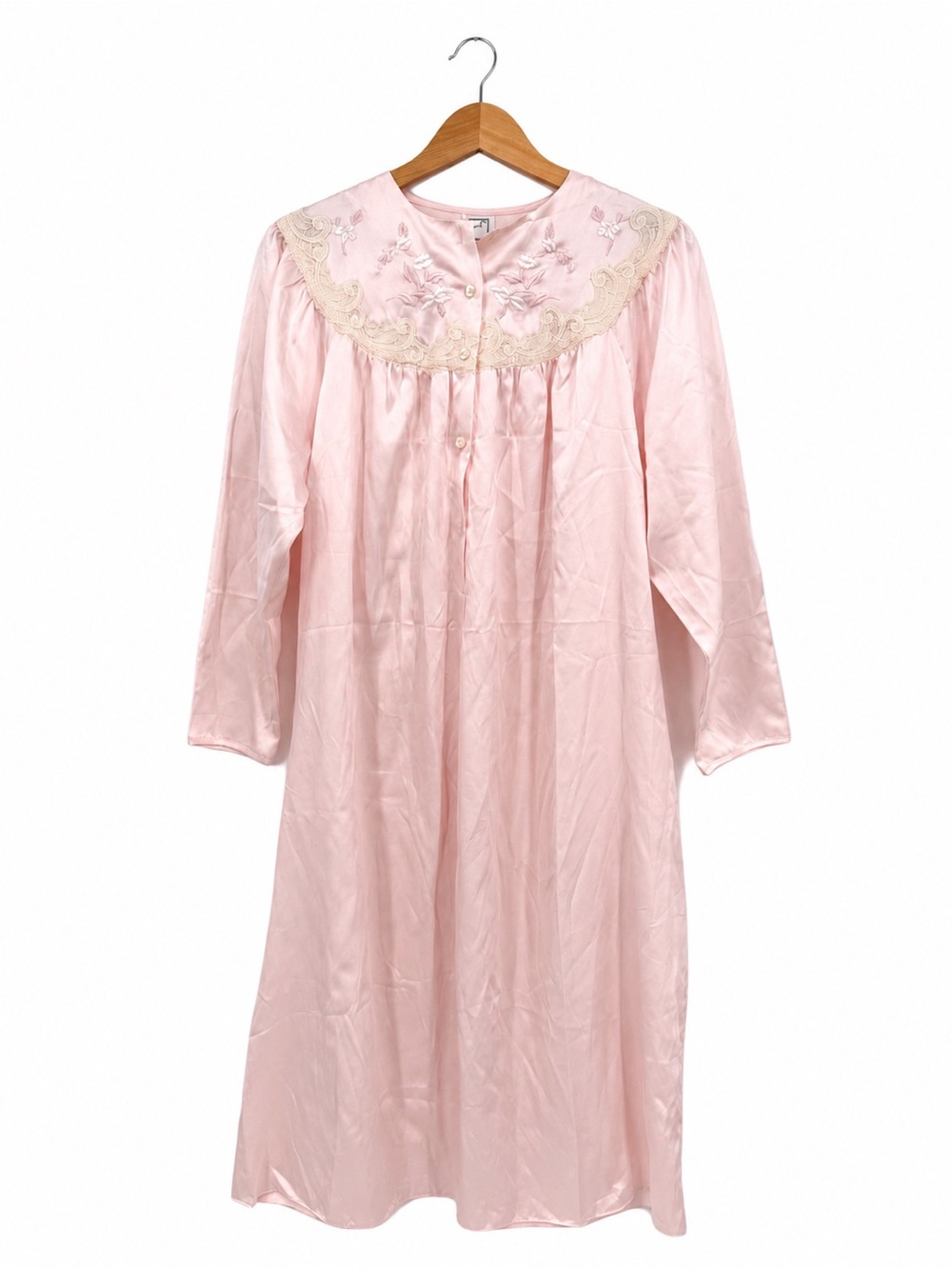 Eve Stillman Vintage Pink Satin Embroidered Long Sleeve Nightgown Dress Small